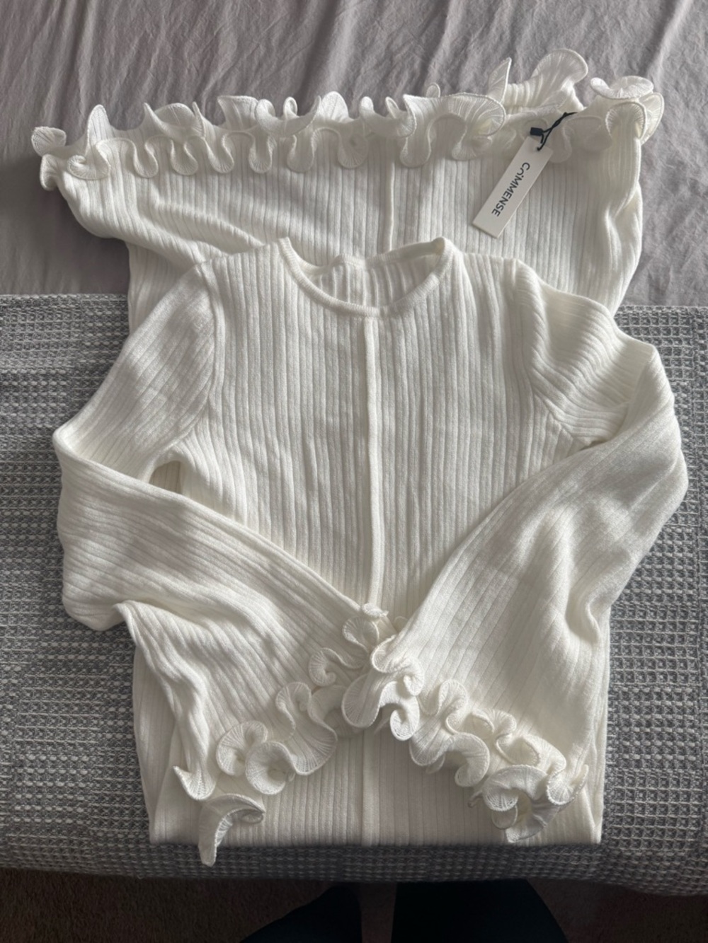 Commense Semi-Sheer Piping Ruffle Drawstring Knit Dress - Picture 4 of 5